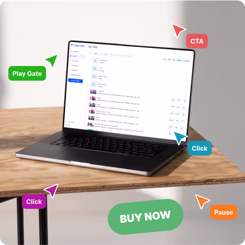 Laptop on a wooden surface showing a file management interface. Overlaid graphics include "CTA", "Play Gate", "Click", "Pause", and a "BUY NOW" button.