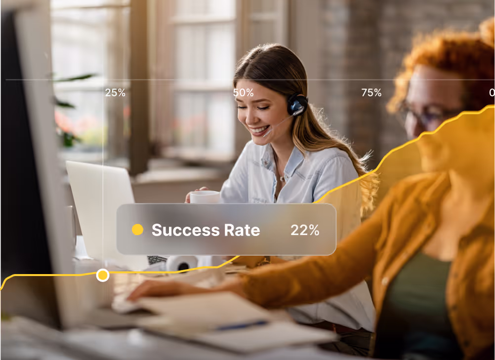 Two women working on laptops in an office setting. A yellow graph overlay shows a "Success Rate" of 22% with percentage markers across the image.