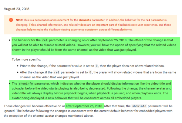 Deprecation notice from YouTube, dated August 23, 2018, explaining changes to the rel and showinfo parameters for embedded videos, effective September 25, 2018.