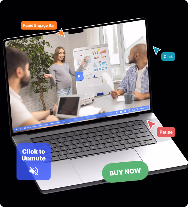 Laptop displaying a video of a business meeting with a woman presenting charts. Overlaid graphics show "Rapid Engage Bar", "Click", "Pause", "Click to Unmute", and "BUY NOW" buttons.